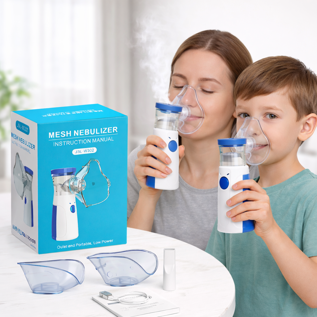 Mamá y niño usan el nebulizador Azurikass