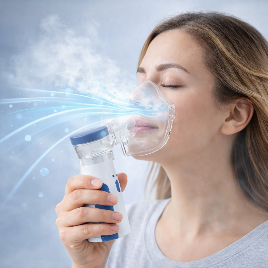 Mujer realizando una inhalación con el nebulizador